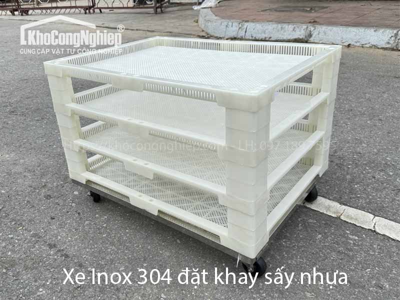 Bộ thiết bị sấy công nghiệp: Khay nhựa sấy 60x80cm, lưới Silicon lót khay, xe đẩy Inox 304